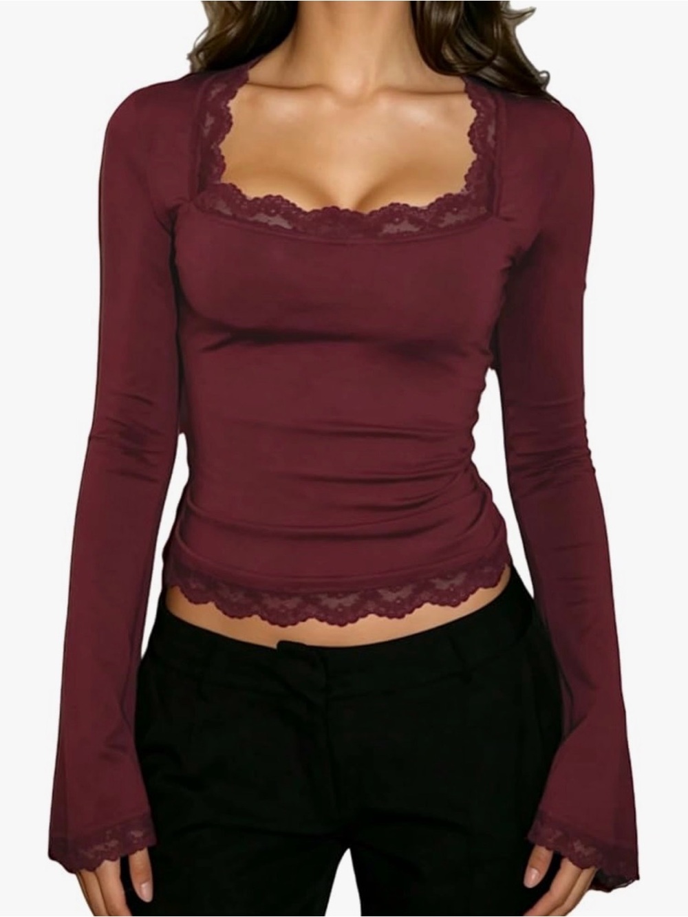 NEW Women’s Lace-Trim Long Sleeve Top - Burgundy